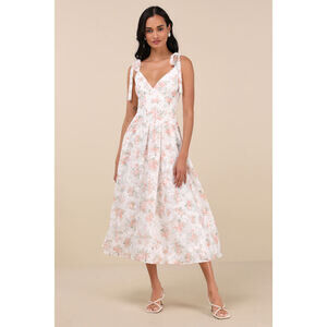 Lulus Danah White Floral Bustier Tie-strap Midi Dress - Size M